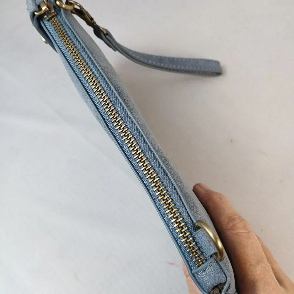 Joy Wallet Wristlet‎ Clutch Card Holder Blue Grey Faux Leather Purse Miss Chain